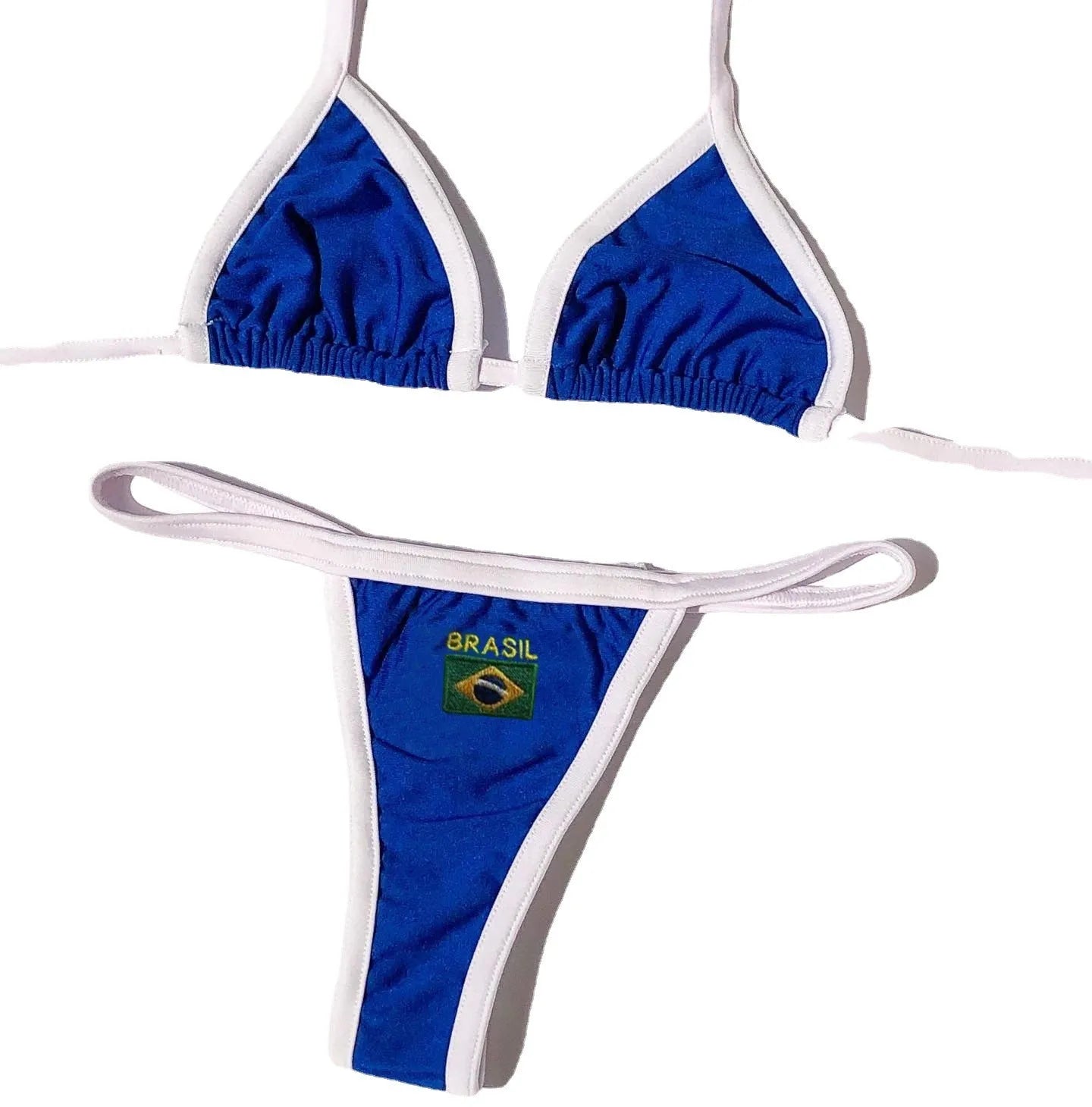 Women's blue polyester bikini set with T-back bra and shorts-length panties on a neutral background.