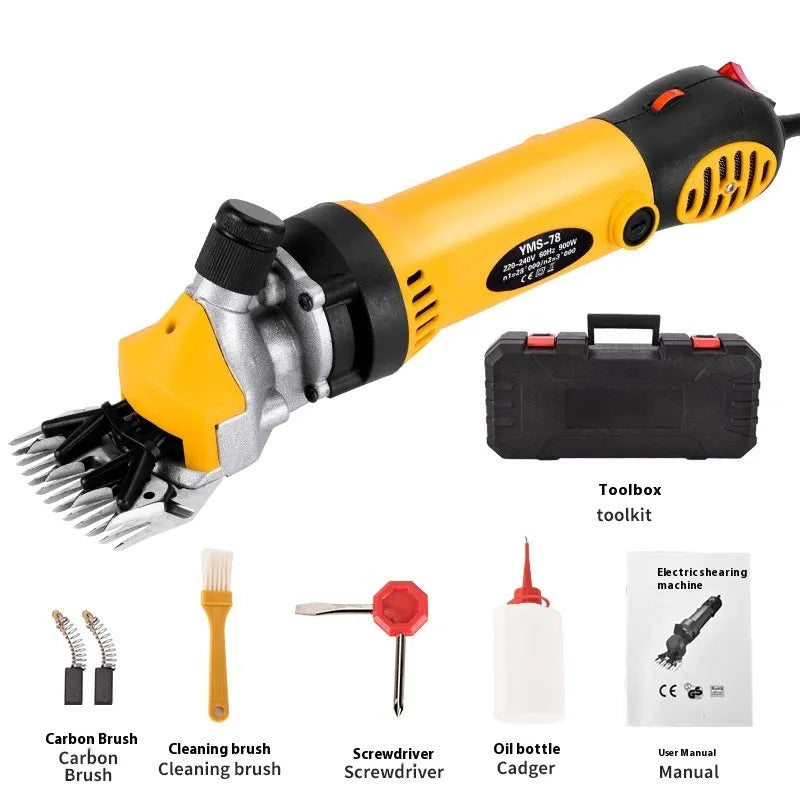Yellow electric wool shearing machine with 110V plug and multiple blade sets in plastic storage case