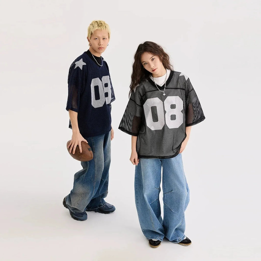 Loose fit half sleeve pullover shirt in black or navy blue with letter pattern