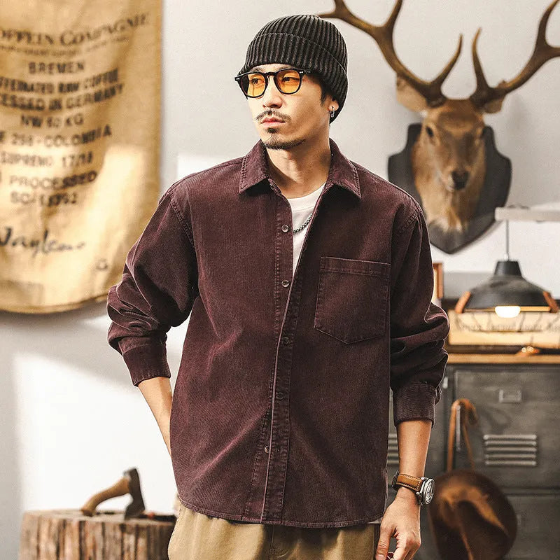 Men's loose-fit retro corduroy shirt in red, featuring long sleeves and a button-front design.