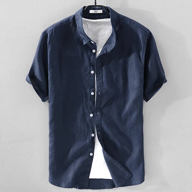 Men's light blue linen blend short sleeve shirt with loose fit on hanger