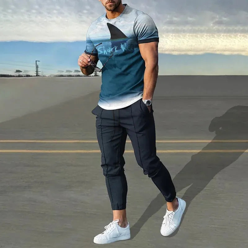 Men's short-sleeved round neck T-shirt and matching trousers set in a solid colour.