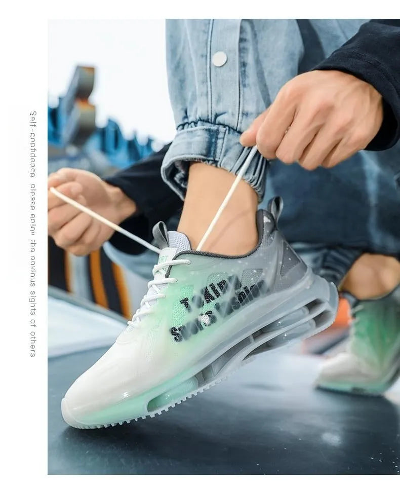 Men's black green heightened platform casual shoes with mesh upper and rubber sole.