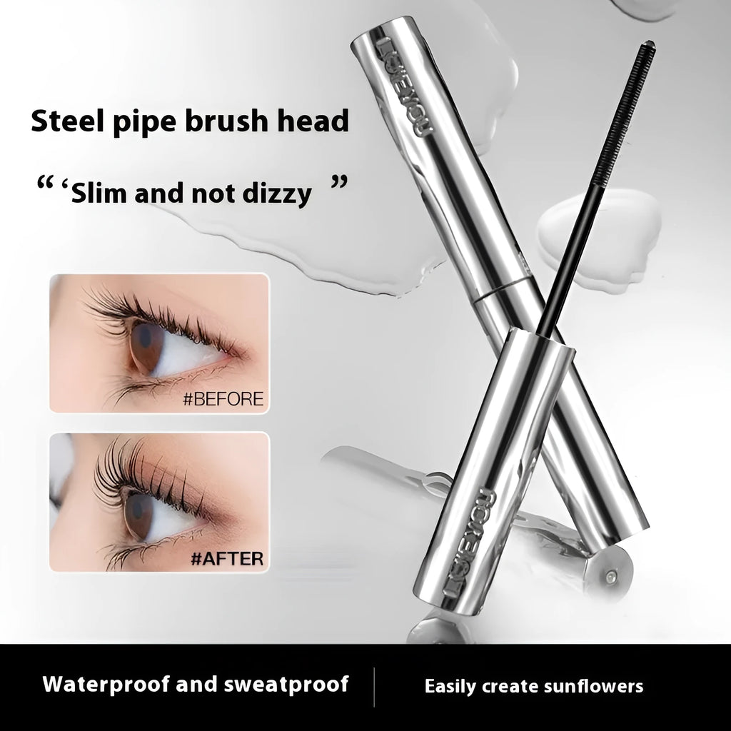 Waterproof steel tube mascara in black and brown shades shown with an eyelash curler.