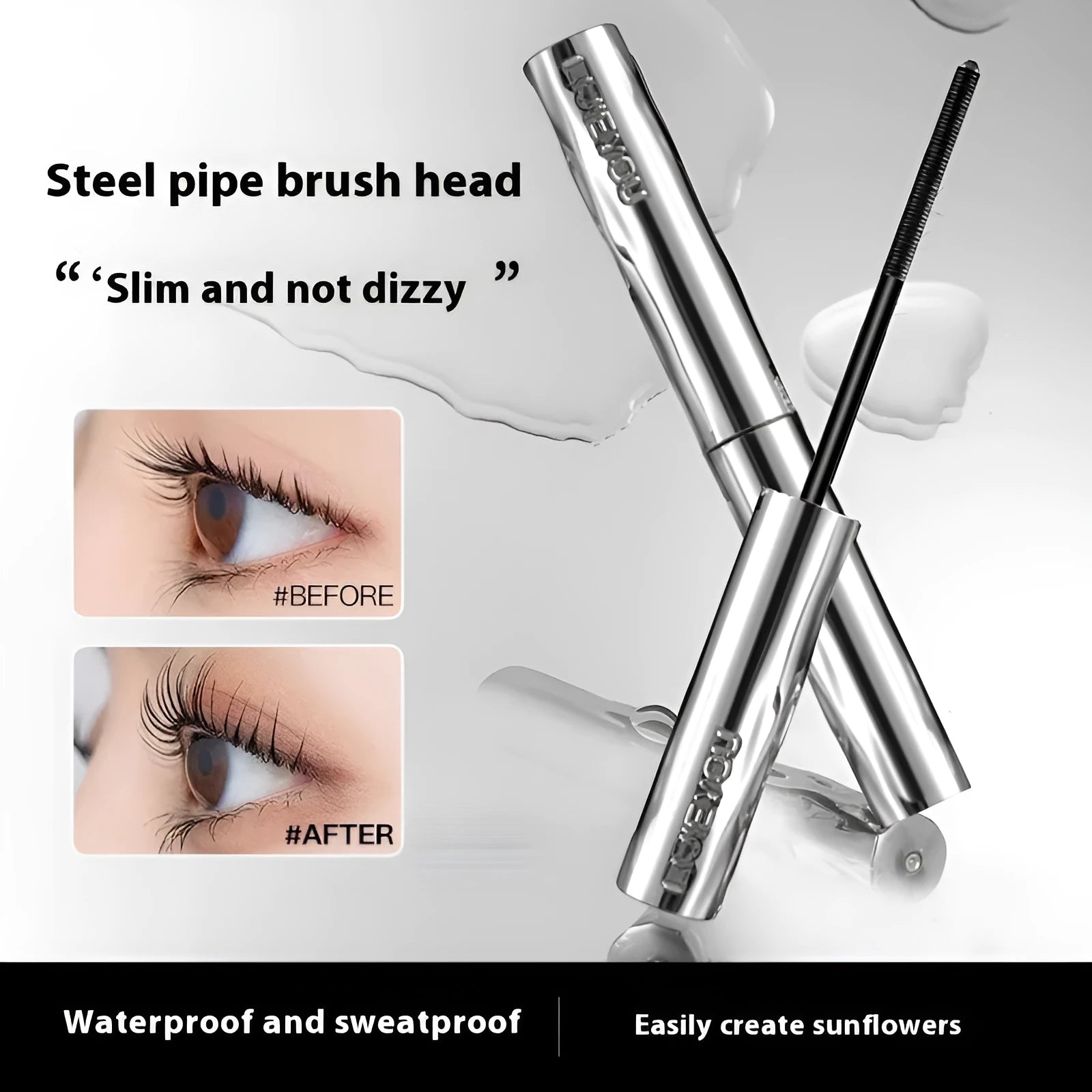 Waterproof steel tube mascara in black and brown shades shown with an eyelash curler.