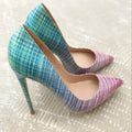 Pink and blue gradient patent leather women's stiletto heels with pointed toe and thin high heel.