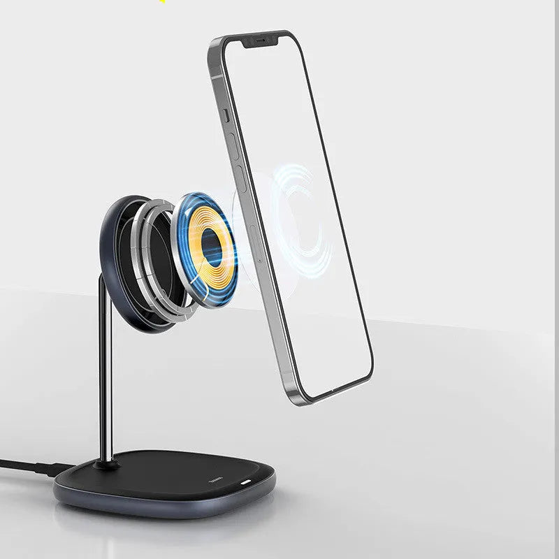 Black magnetic desktop wireless charging stand for Apple iPhone 12 with Type-C cable