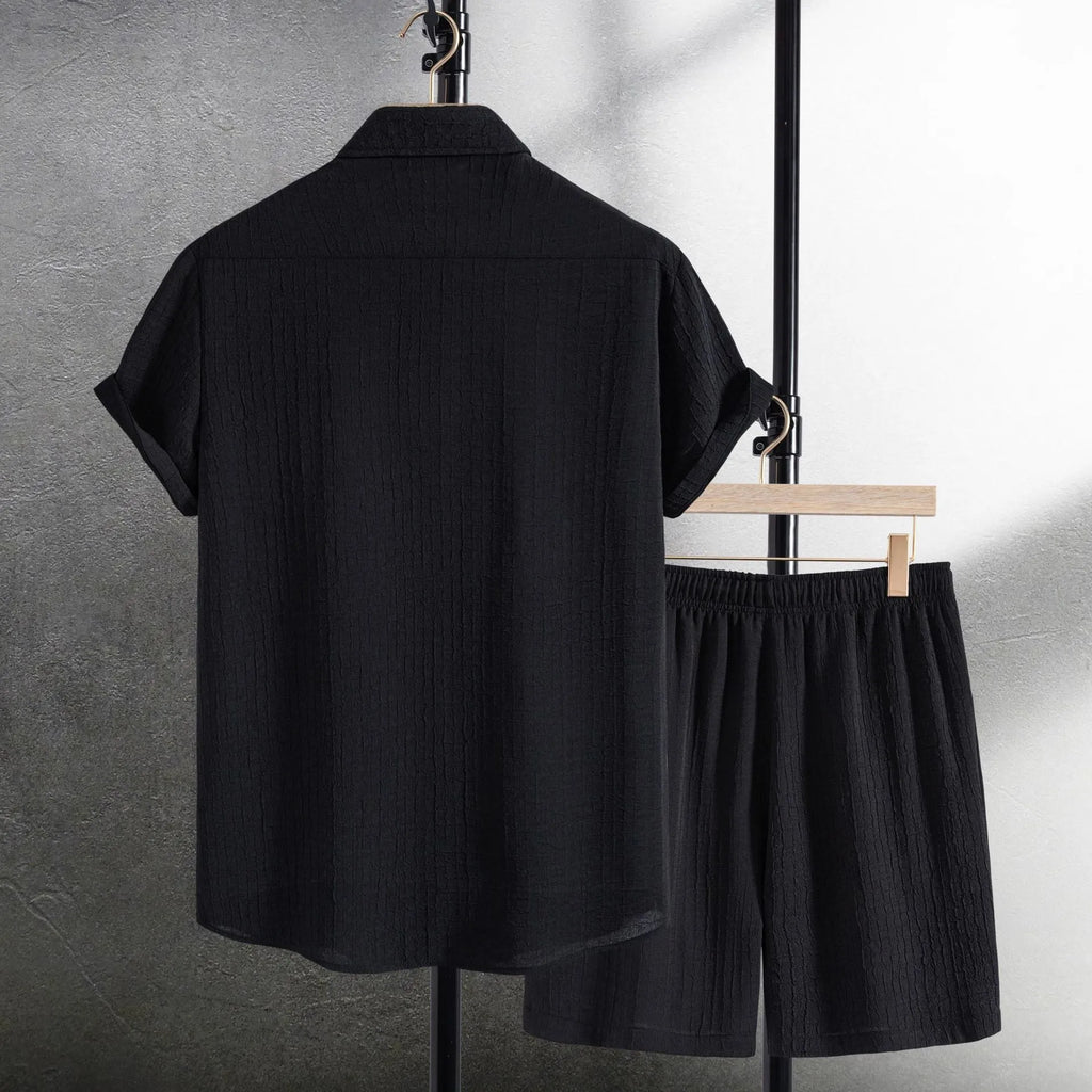 Men's cotton blend jacquard short sleeve shirt and shorts suit in black or white colours
