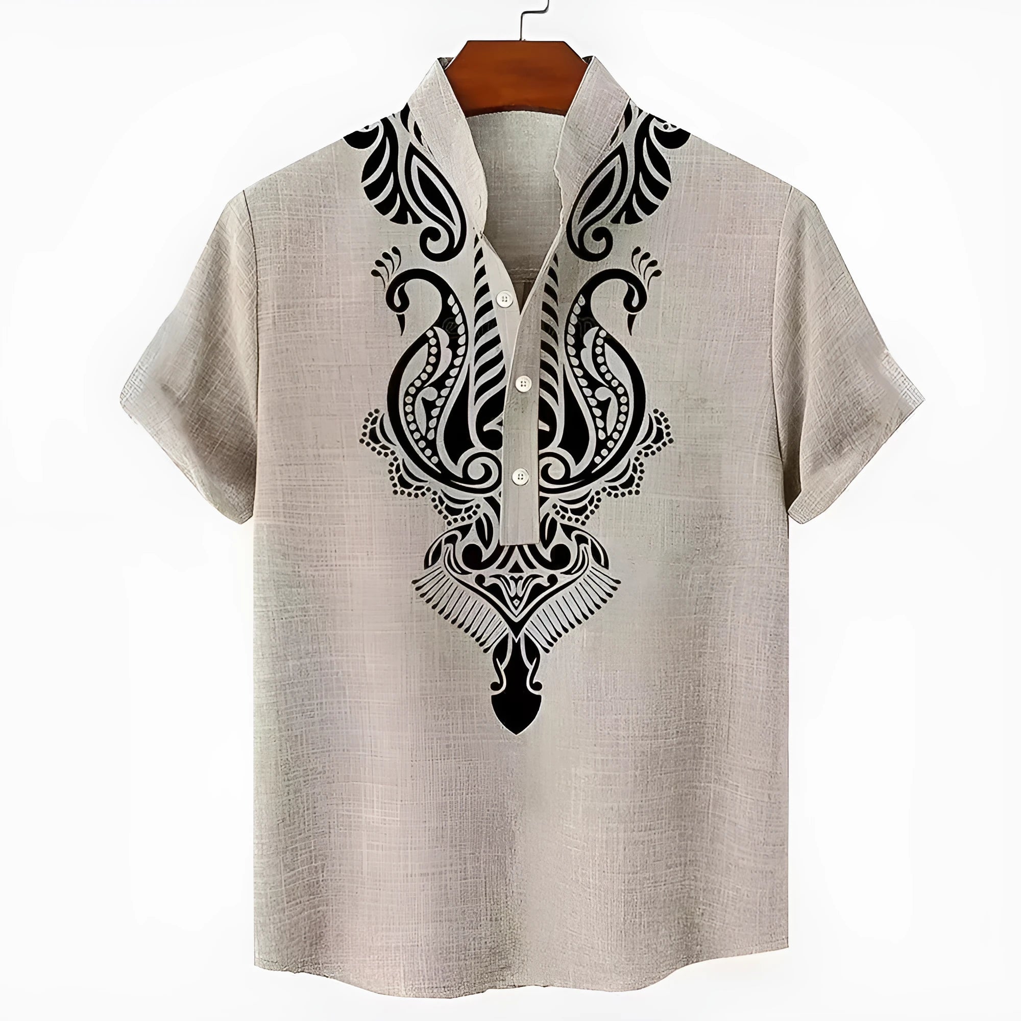 Men's loose-fit striped casual shirt with personalised buttons on a hanger