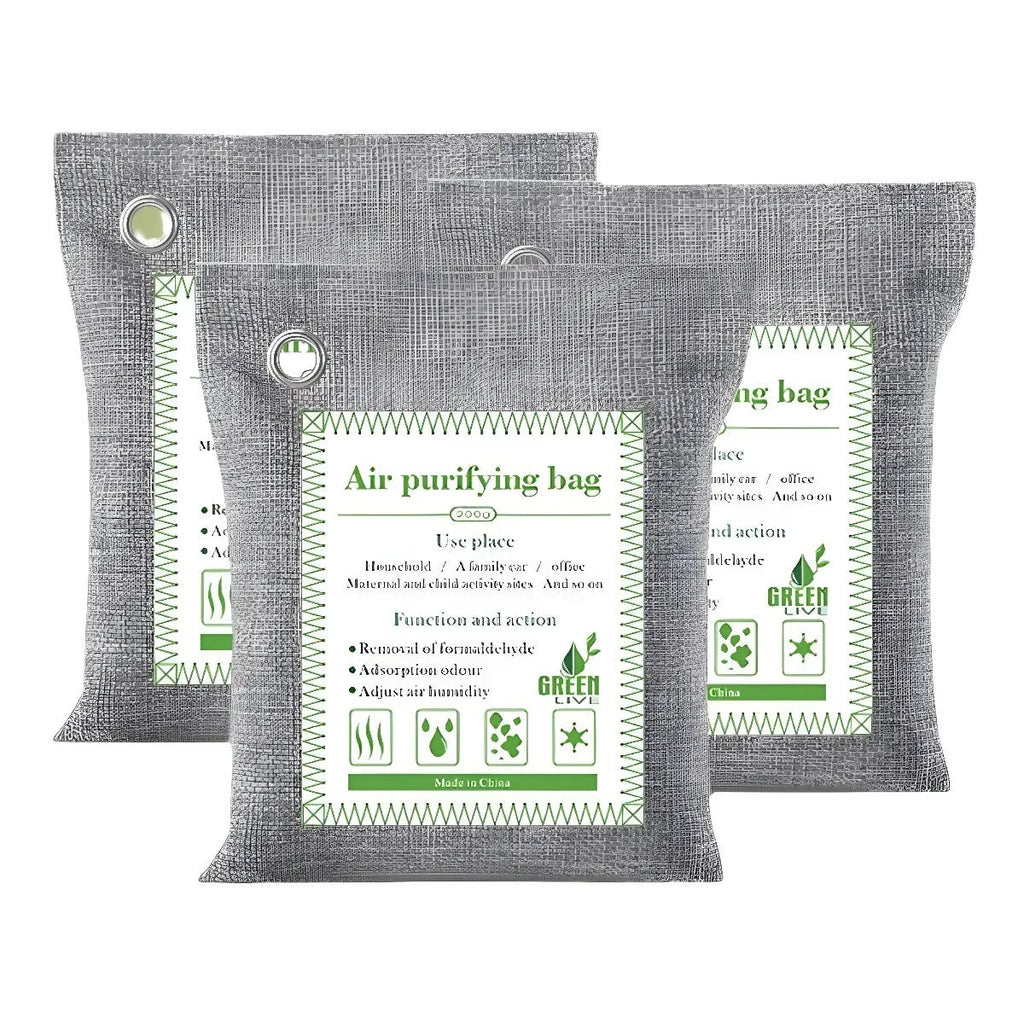 Sewing-style fabric sachets containing bamboo charcoal for air purification, shown in different sizes.