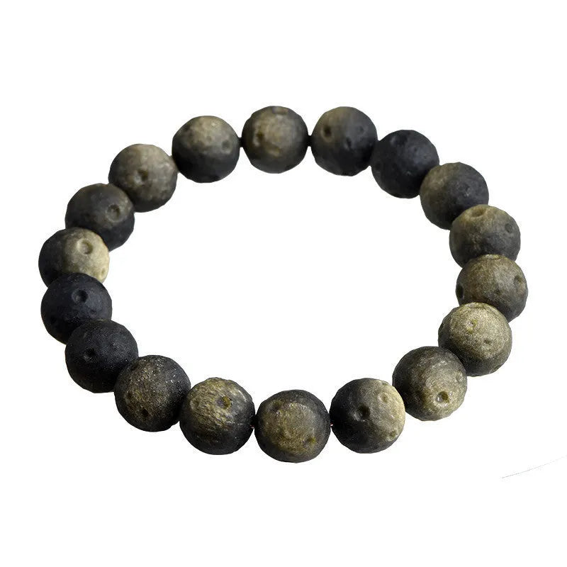 Obsidian crater ball bracelet with textured beads in silver stone or golden meteorite finish