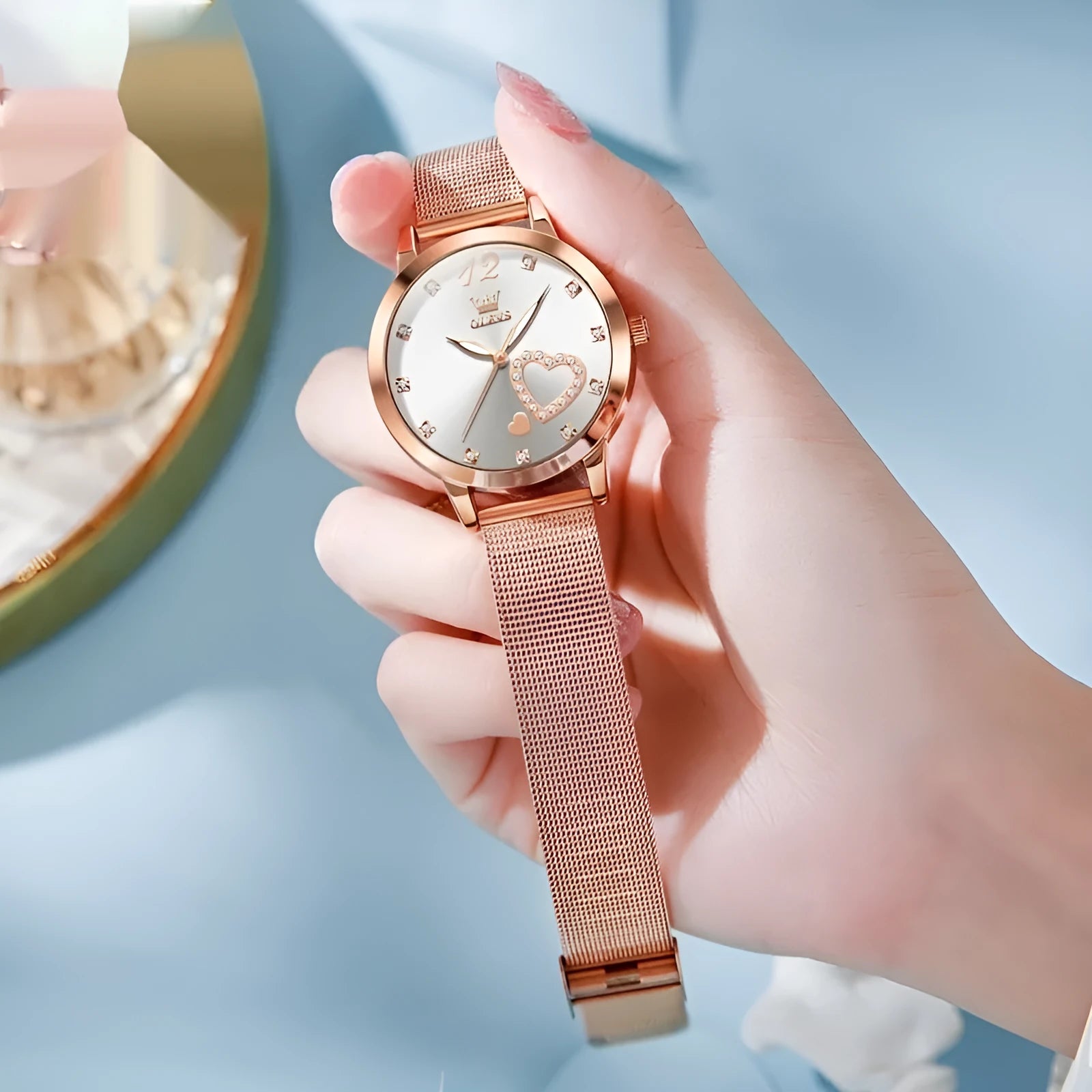 Women's fashion watch with mesh strap and rose shell case in six dial colour options