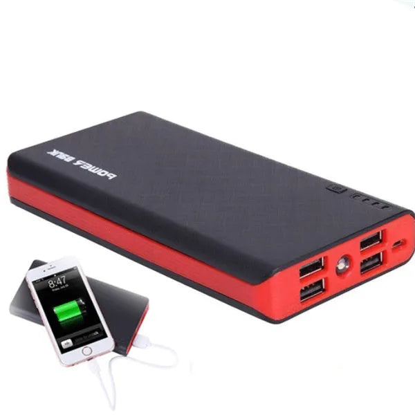 20000mAh portable power bank in red, blue, green, yellow or black colours showing charging ports