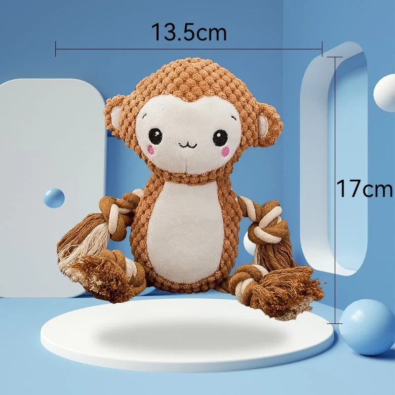 Lion and monkey plush squeaky dog toys side by side, showcasing two different designs in the bundle.