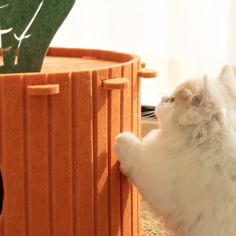 Carrot-shaped felt cat nest and tunnel cattery in semi-enclosed design