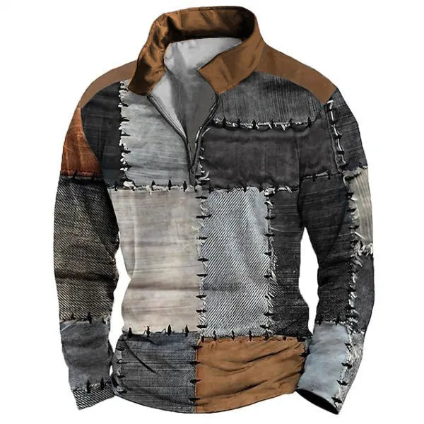 Men's loose fit long sleeve t-shirt with retro stripe prints and zip decorations