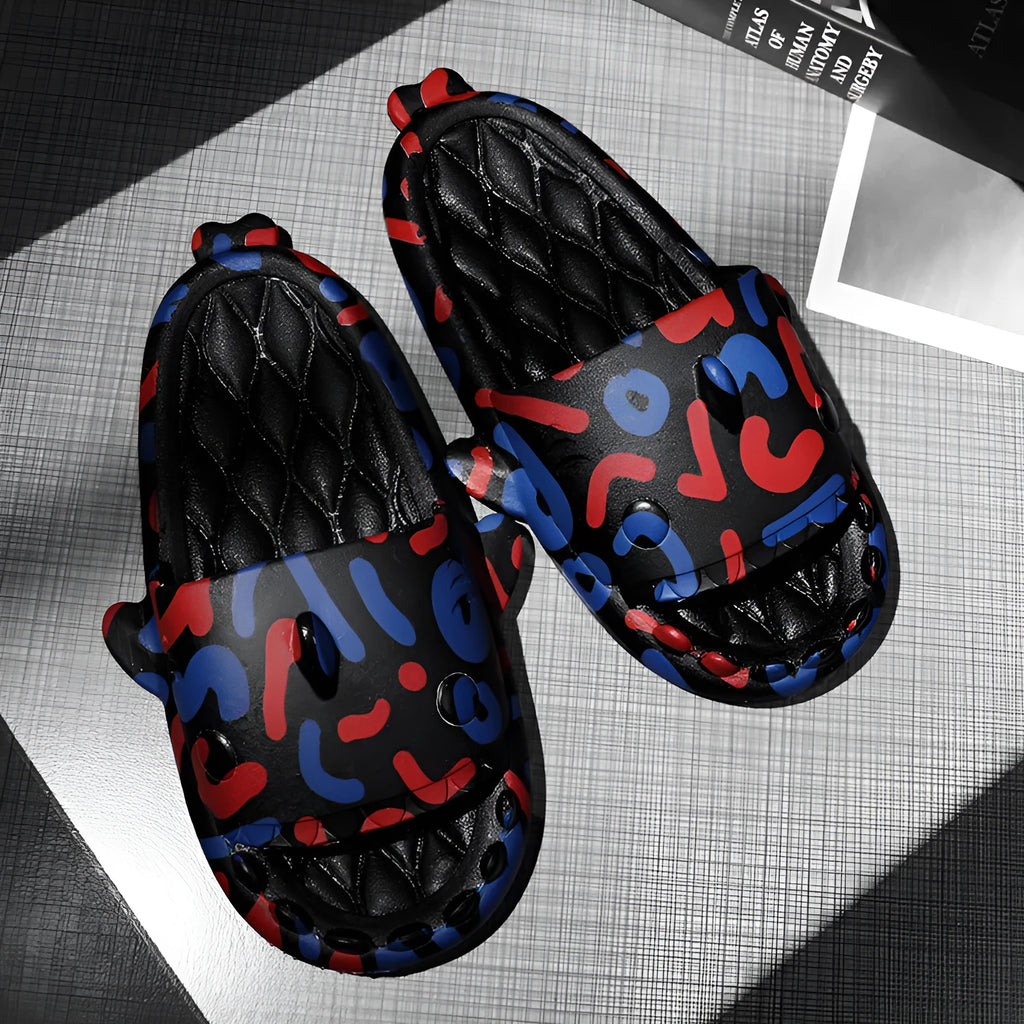 Shark design EVA open toe home slippers for men and women in various colours.