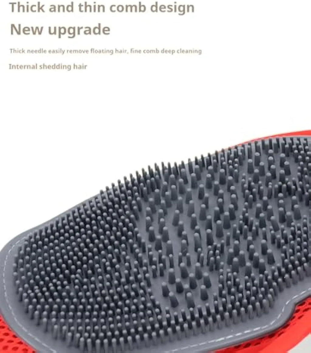 Red pet bathing and grooming glove with an integrated cleaning brush on the palm.