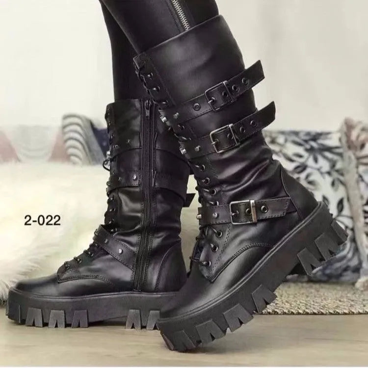 Women's black mid-calf knight boots with metal buckle and side zipper detail