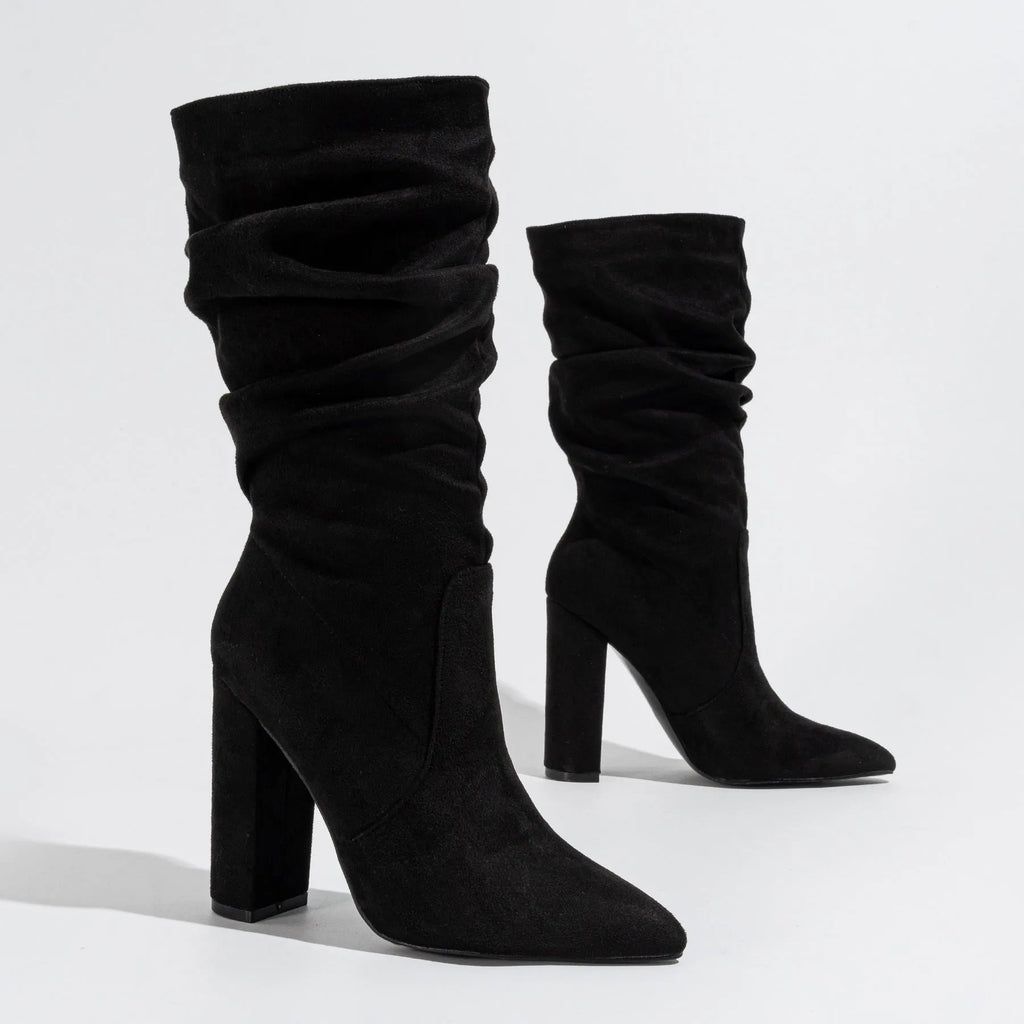 Women's black suede boots with pointed toe and chunky high heel above 8cm, mid-calf length