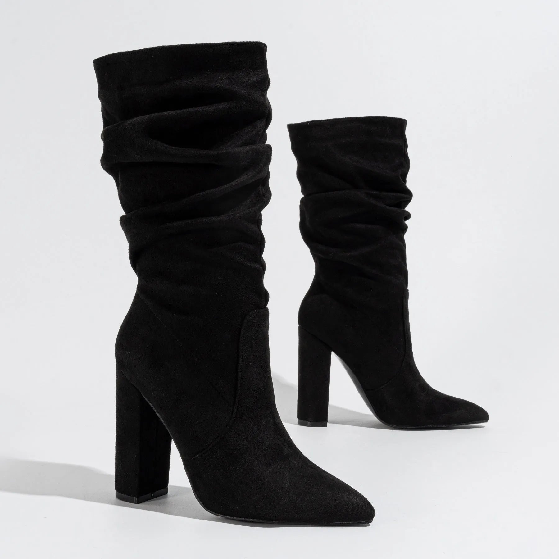 Women's black suede boots with pointed toe and chunky high heel above 8cm, mid-calf length