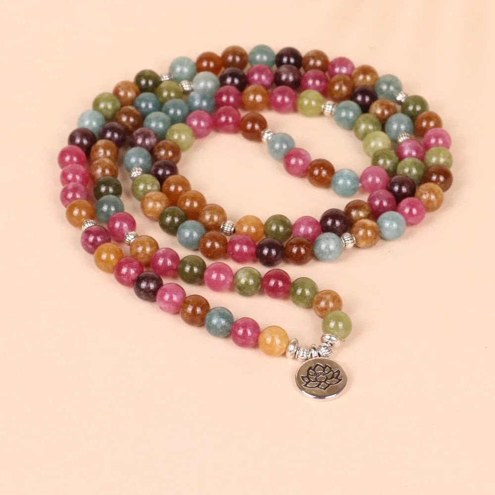 108-bead lotus hanging bracelet with tourmaline beads on adjustable multi-layer alloy string