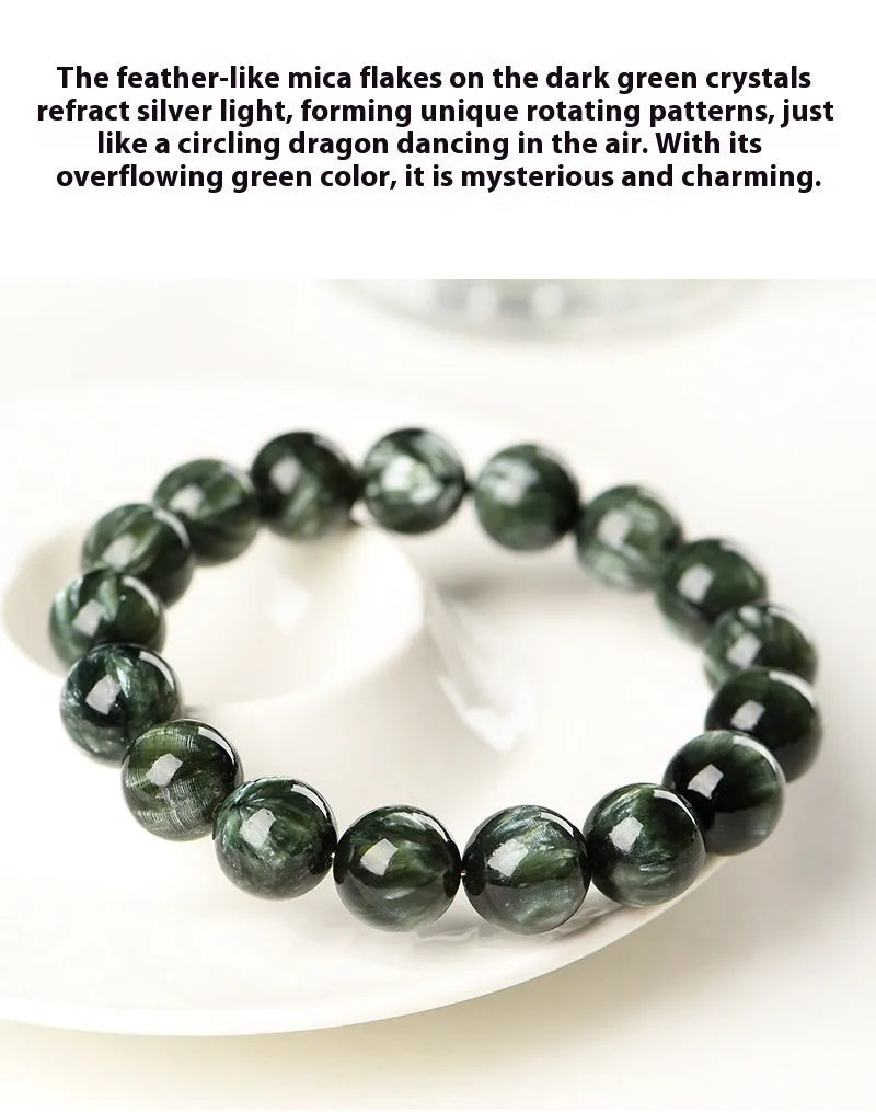 Natural green dragon crystal bracelet with 8-9mm round beads and Ruyi decorative elements