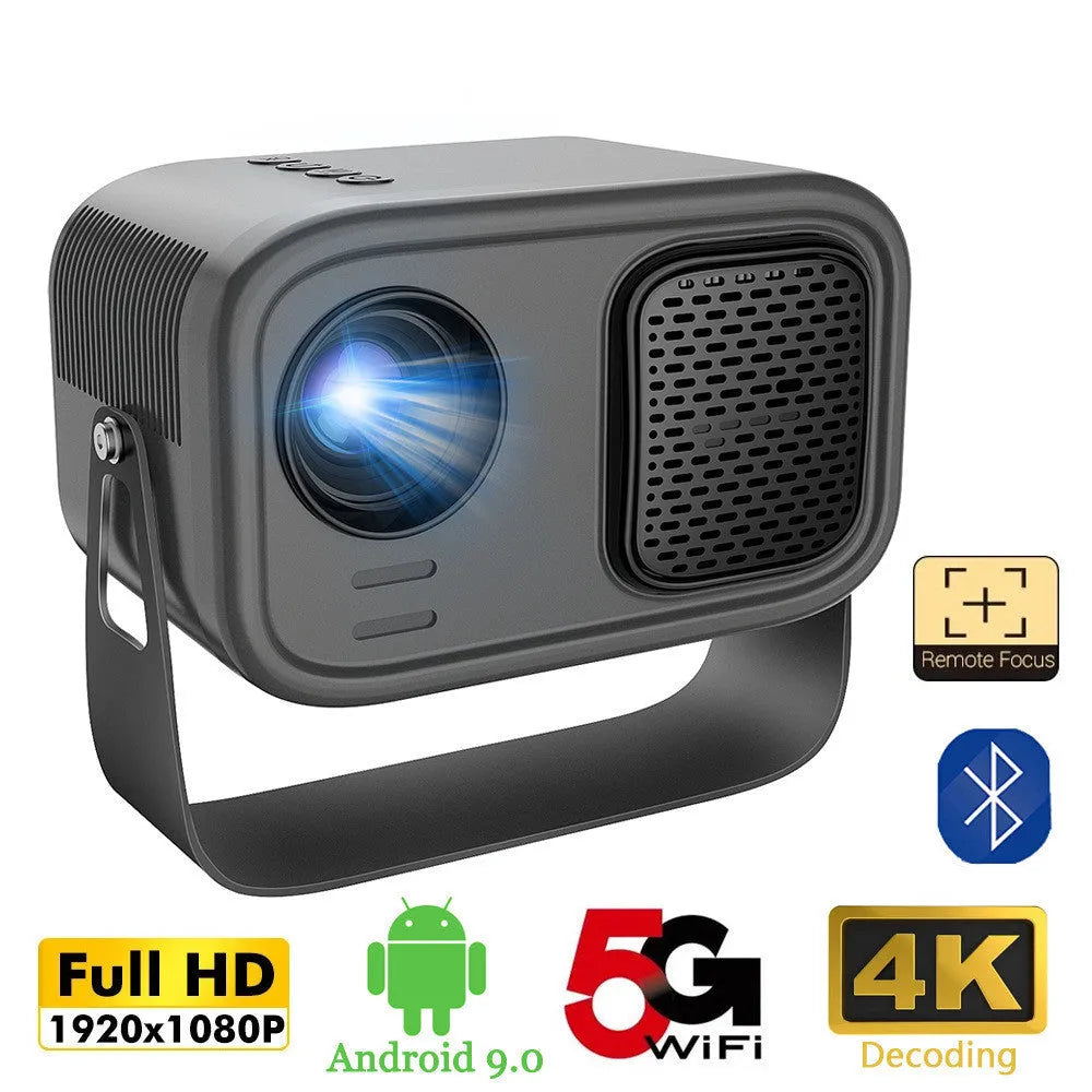 Black Android smart portable HD projector with remote control on table