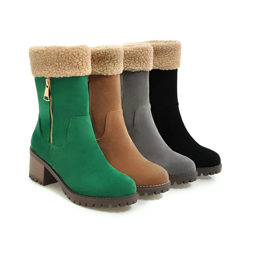 Waterproof snow boots with rubber soles and plush lining in black, grey, green, and orange colours