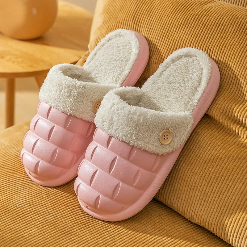 Plaid patterned detachable slippers for women with plush lining and a textured EVA anti-skid sole.
