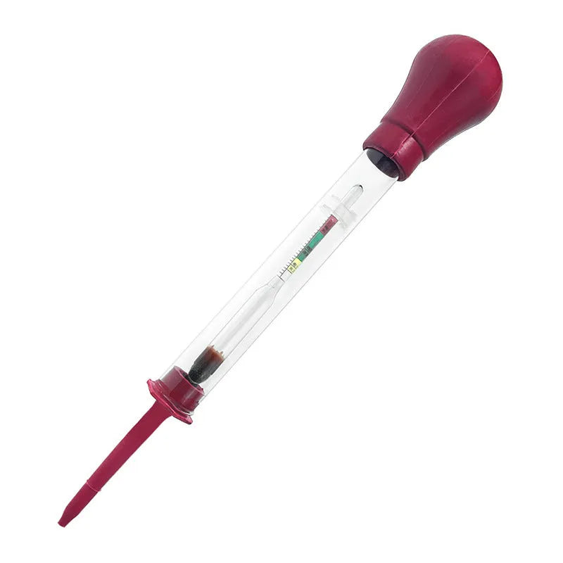 Electrohydraulic battery hydrometer with glass construction and suction mechanism for electrolyte testing