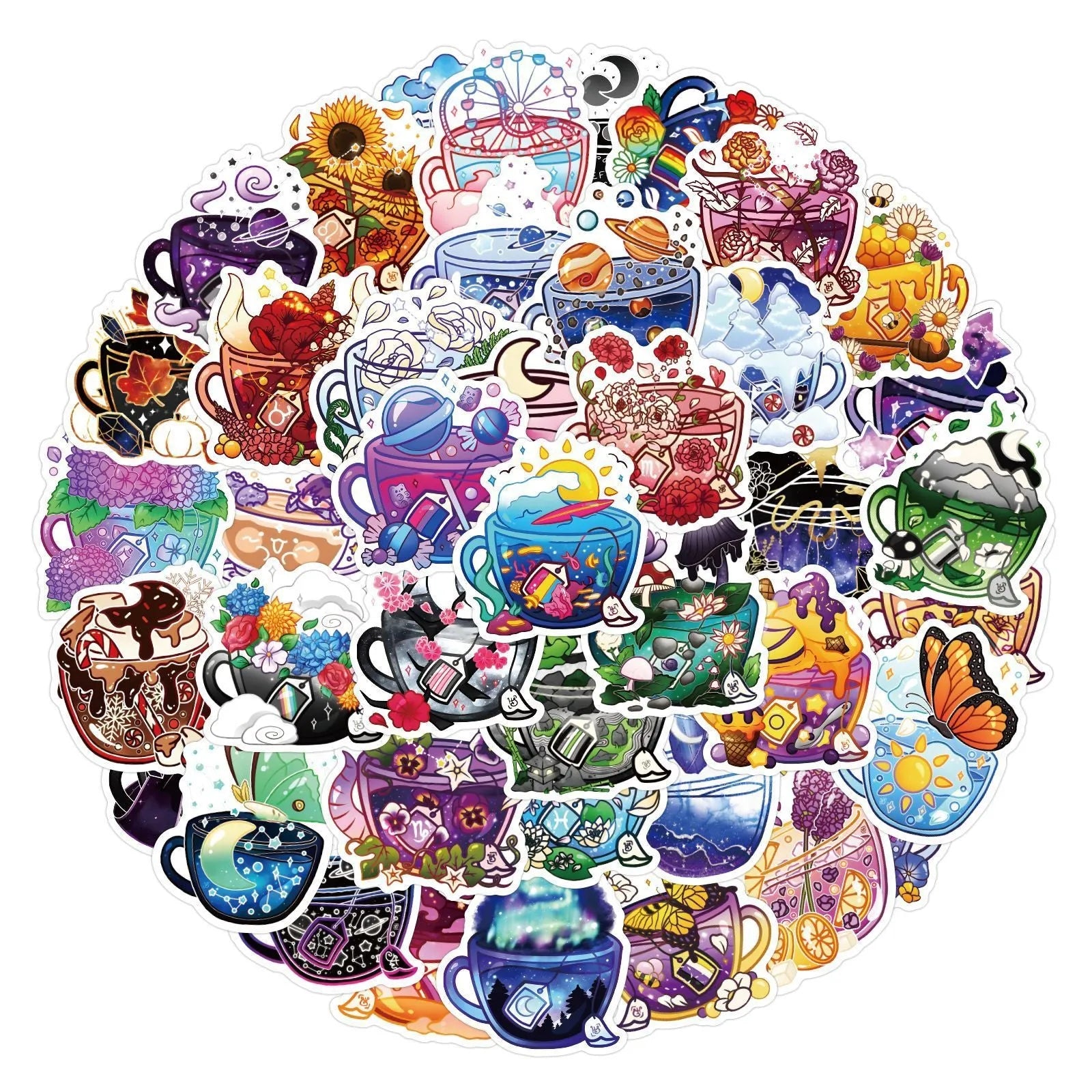 Set of 50 colourful tea cup graffiti waterproof stickers for scooter and luggage DIY decoration.