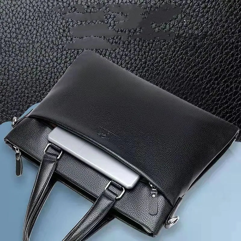 Black and brown men's PU leather messenger bag with splicing design on strap.