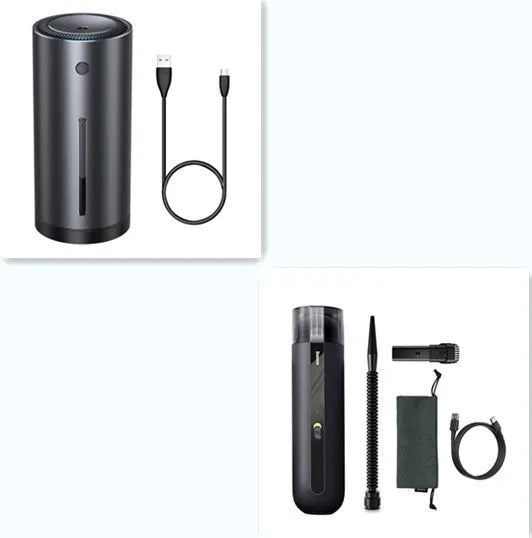 Baseus handheld car vacuum cleaner in black, white, or green, shown with blowing hose attachment.