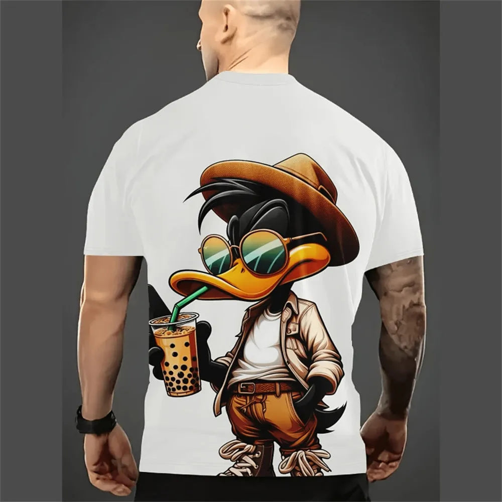 Man wearing a loose-fit short-sleeve shirt with a colourful cartoon print, showing front detail.
