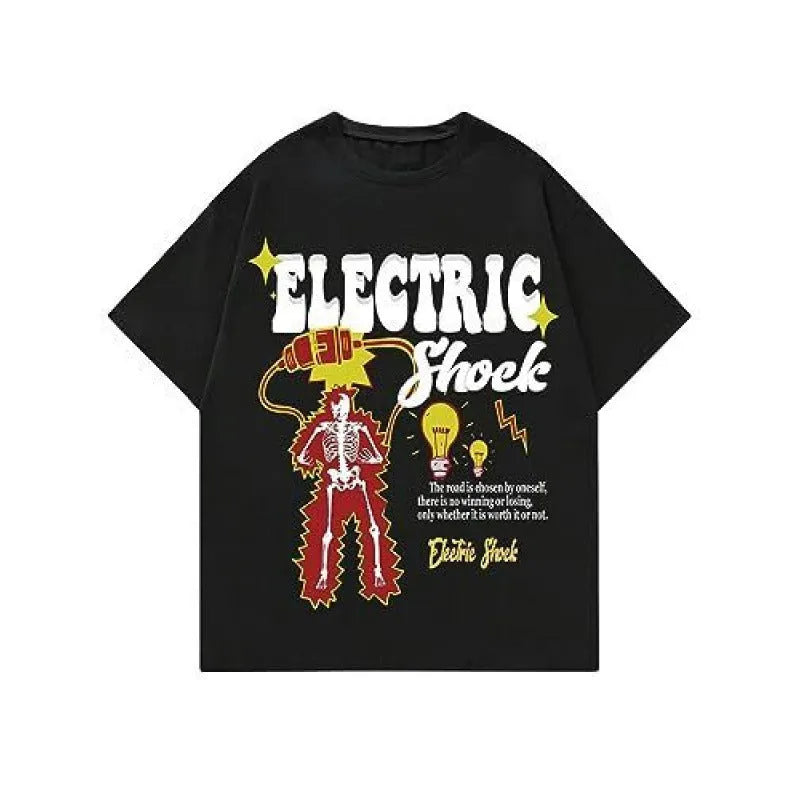 Men's grey printed short sleeve street T-shirt on a hanger showing digital graphic design.