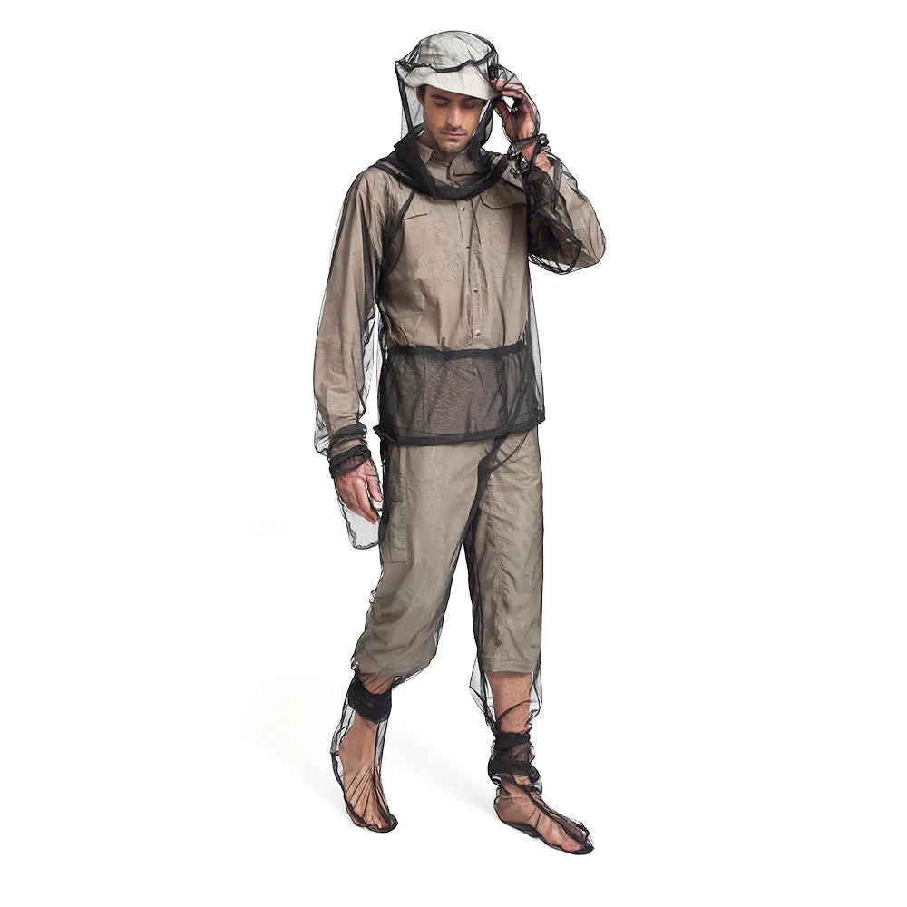 Full set of mesh anti mosquito suit including hooded top, pants, and booties for summer outdoor wear
