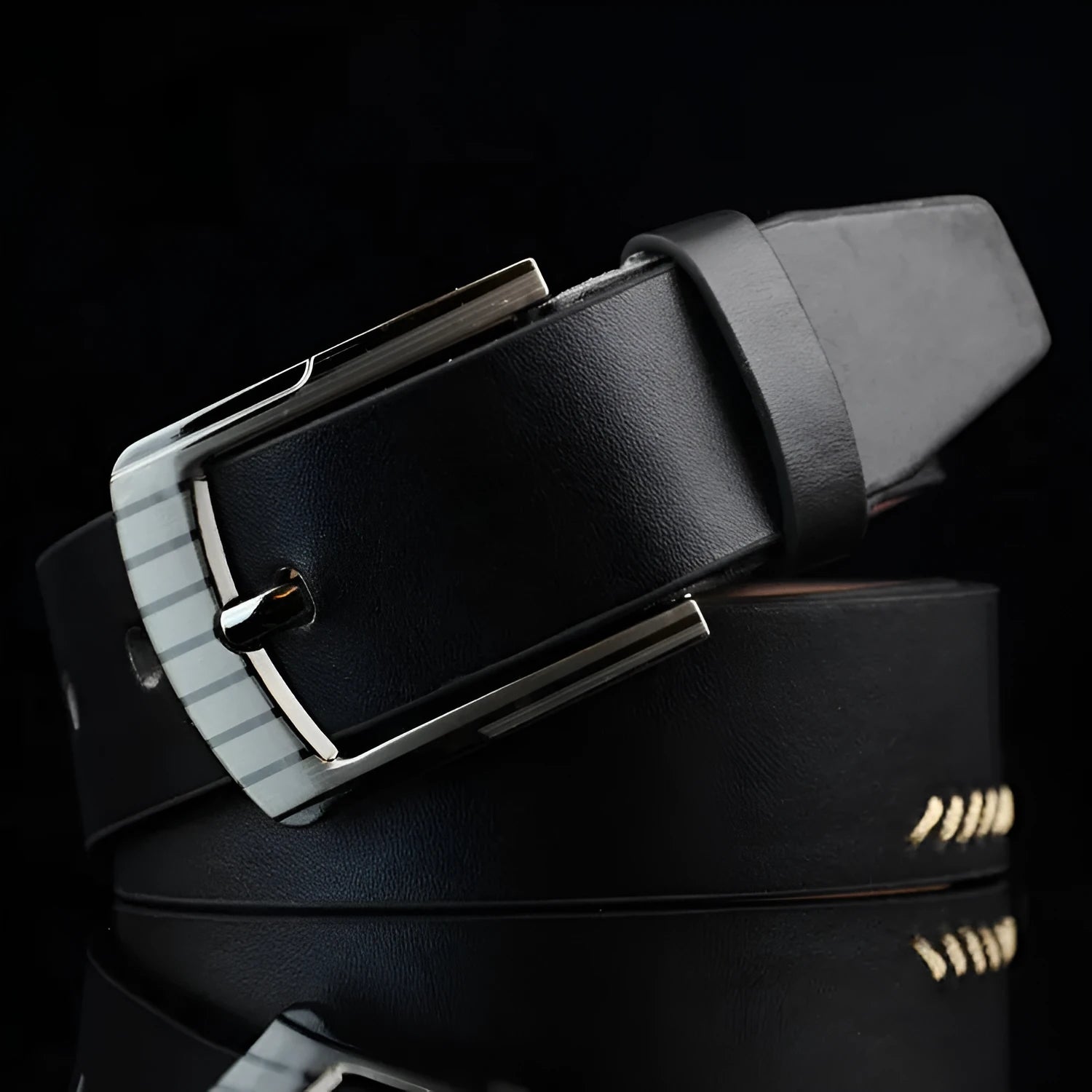 Men's casual belt with alloy pin buckle showing retro threading pattern detail