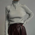 Women's slim fit retro half turtleneck pullover sweater in silver grey.