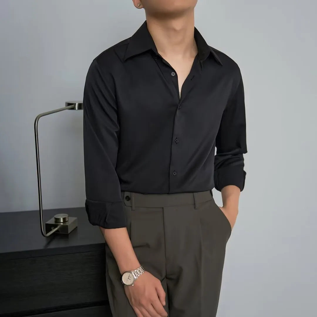 Men's black long sleeve Korean style loose fit cardigan shirt with Japanese retro design