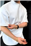 Men's white buttoned round hem T-shirt in lightweight polyester crepe fabric