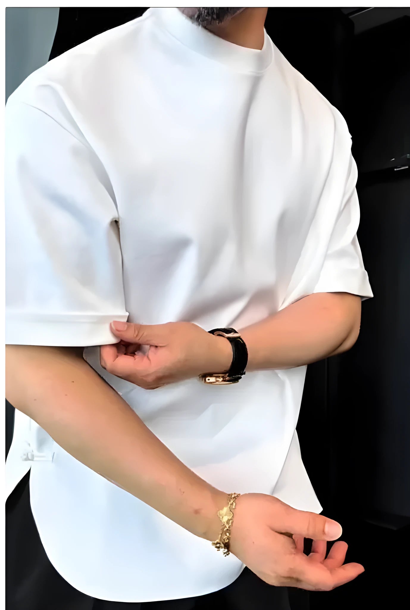 Men's white buttoned round hem T-shirt in lightweight polyester crepe fabric