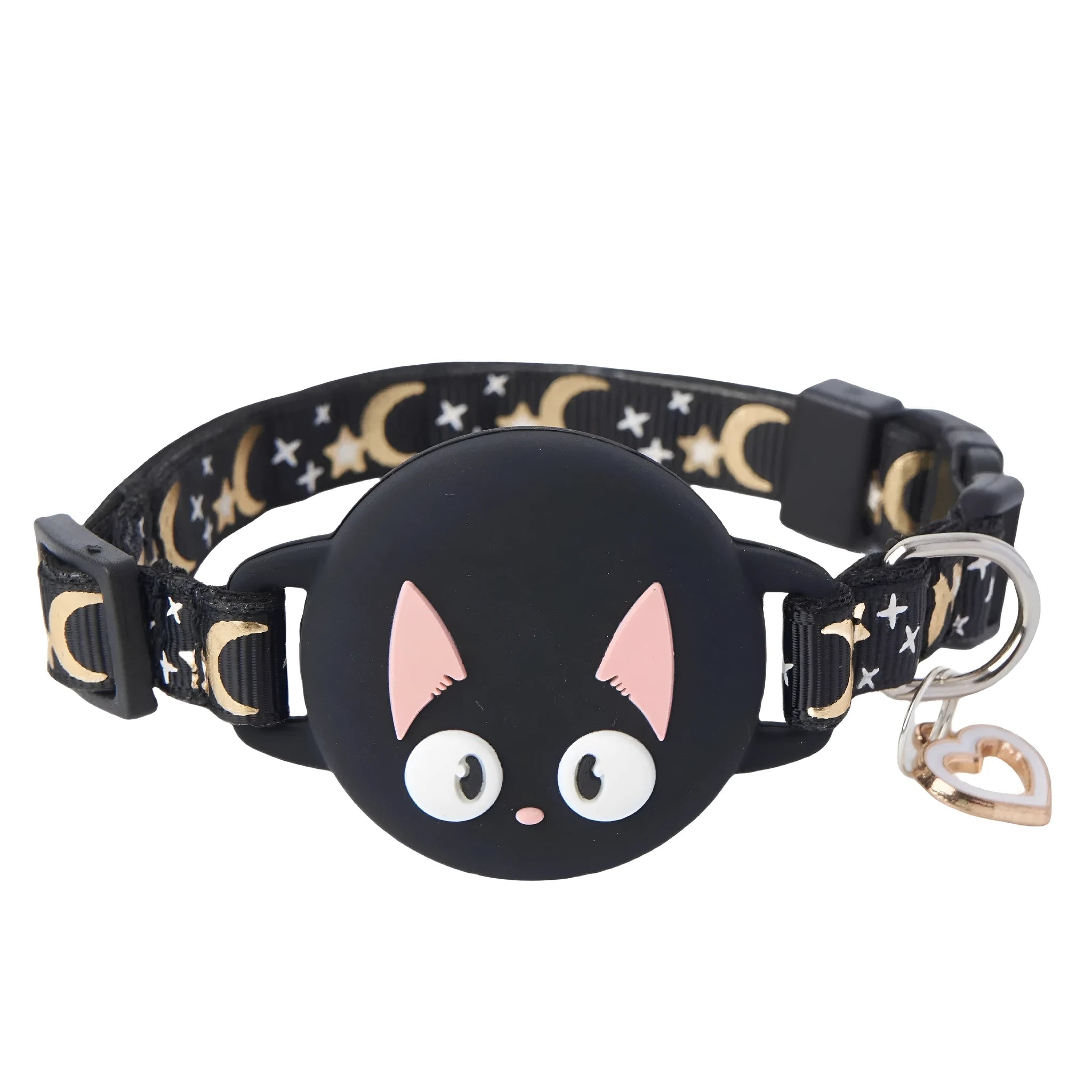 AirTag cat collar case in plastic showing adjustable sizing and four colour options