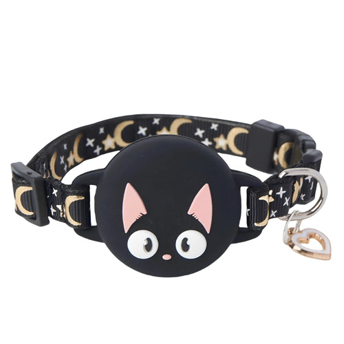AirTag cat collar case in plastic showing adjustable sizing and four colour options