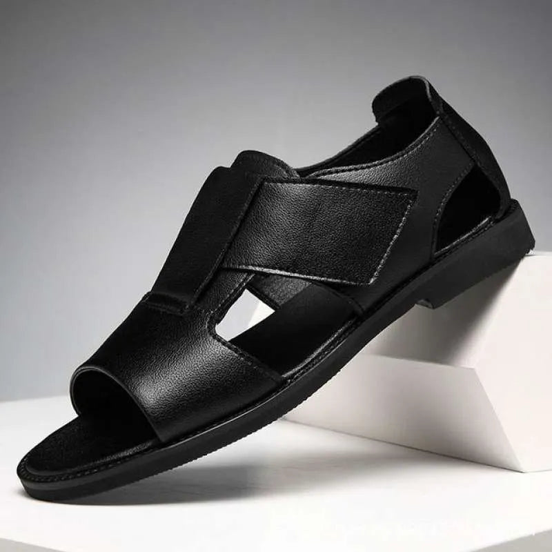 Men's black and brown Roman-style casual sandals with open-toe design and rubber soles