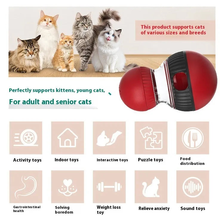 Plastic rotating cat feeder ball toy with a super ball component on a white background.