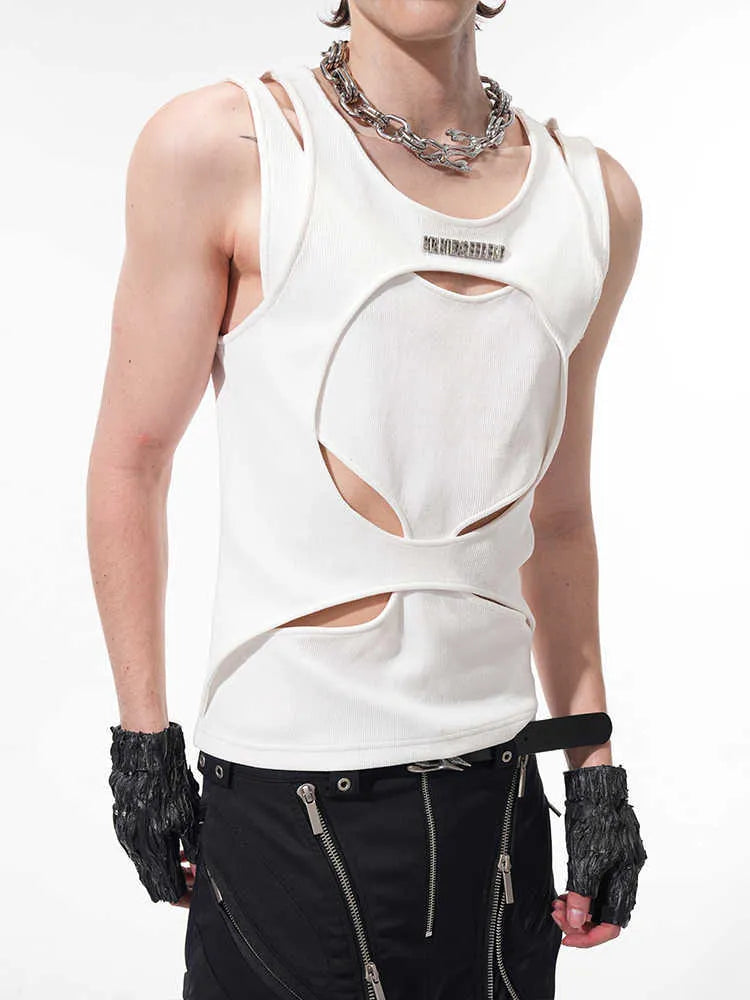 Men's black sleeveless waistcoat vest with hollow knit design and round neck collar