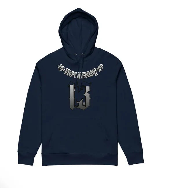A loose-fit grey hooded pullover sweater with a fleece lining, shown flat
