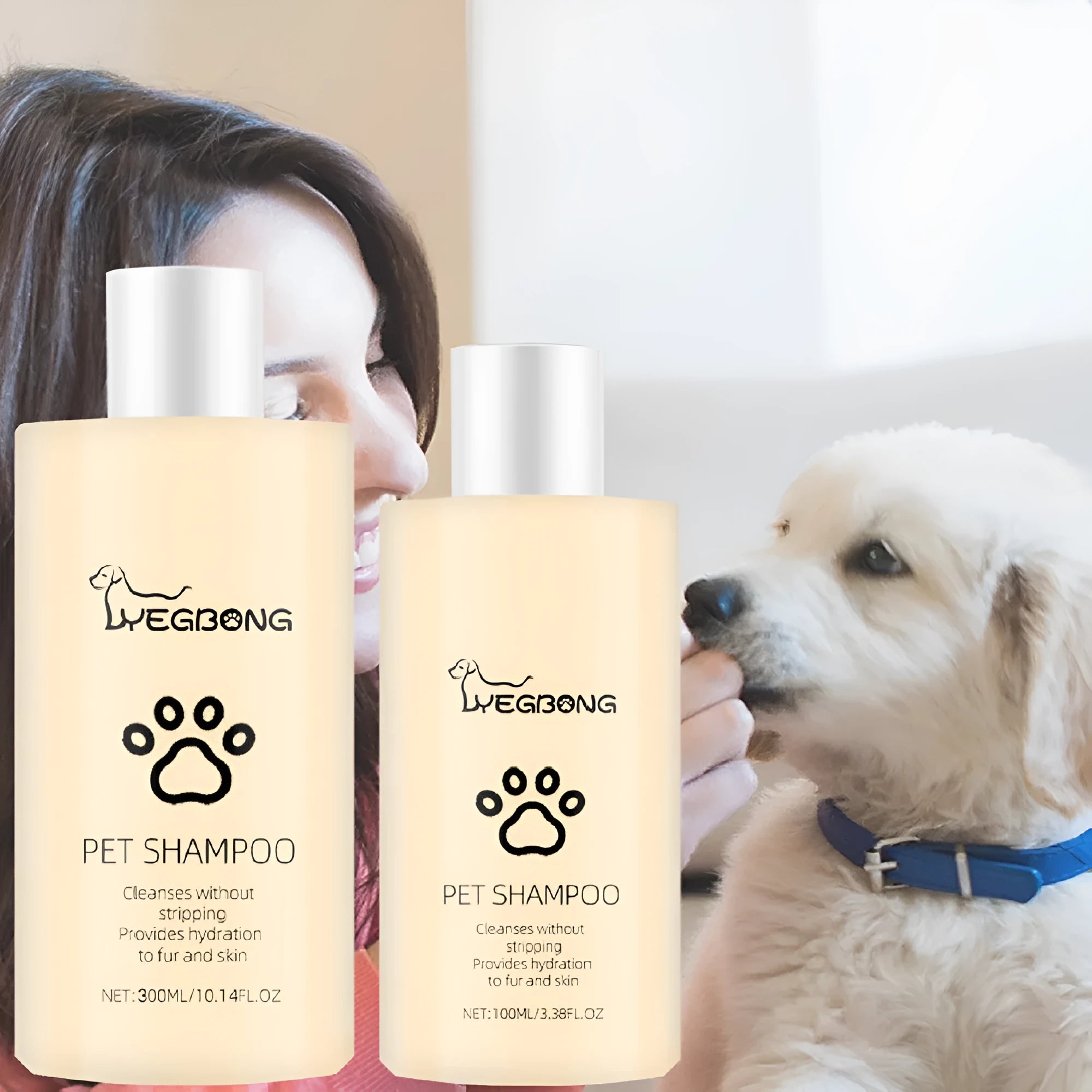 Bottle of mild pet shampoo for cats and dogs, shown in 100ml and 300ml sizes.
