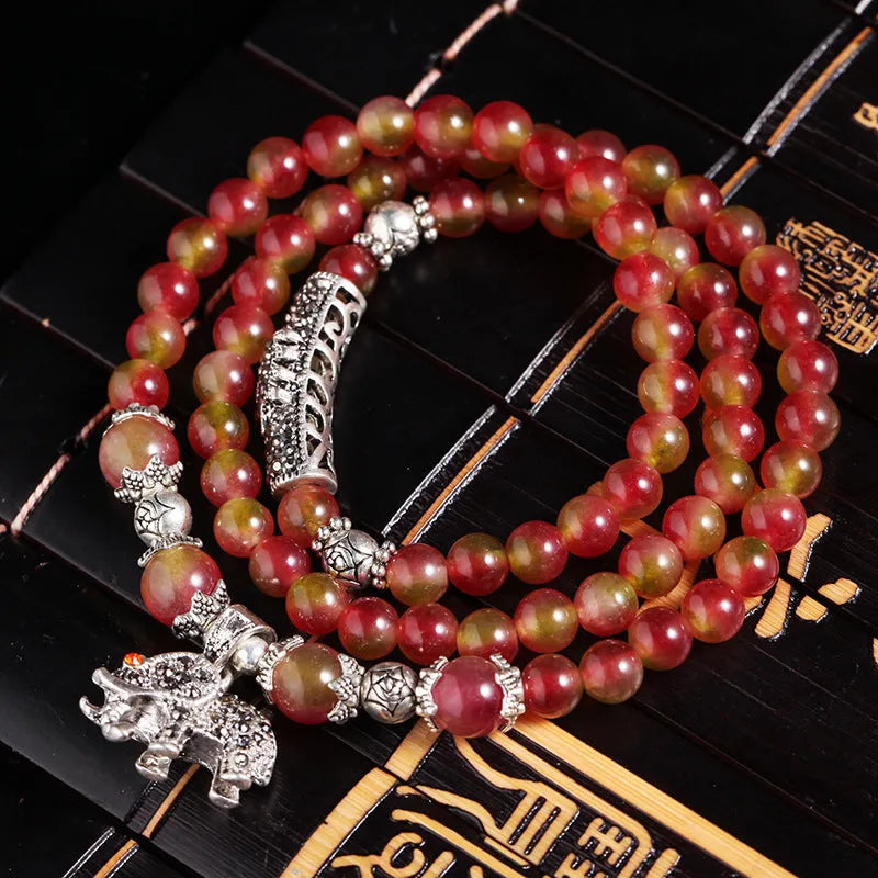 Handmade watermelon crystal bracelet with Chinese knot and geometric beads in two size options